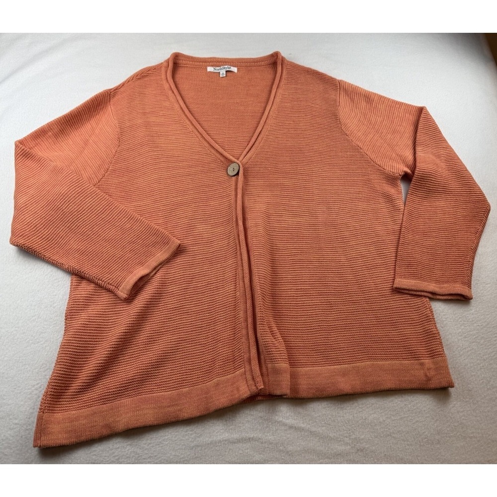 North Style Womens 2X Orange Cotton Knit  1 Button Cardigan Sweater Rolled Neck